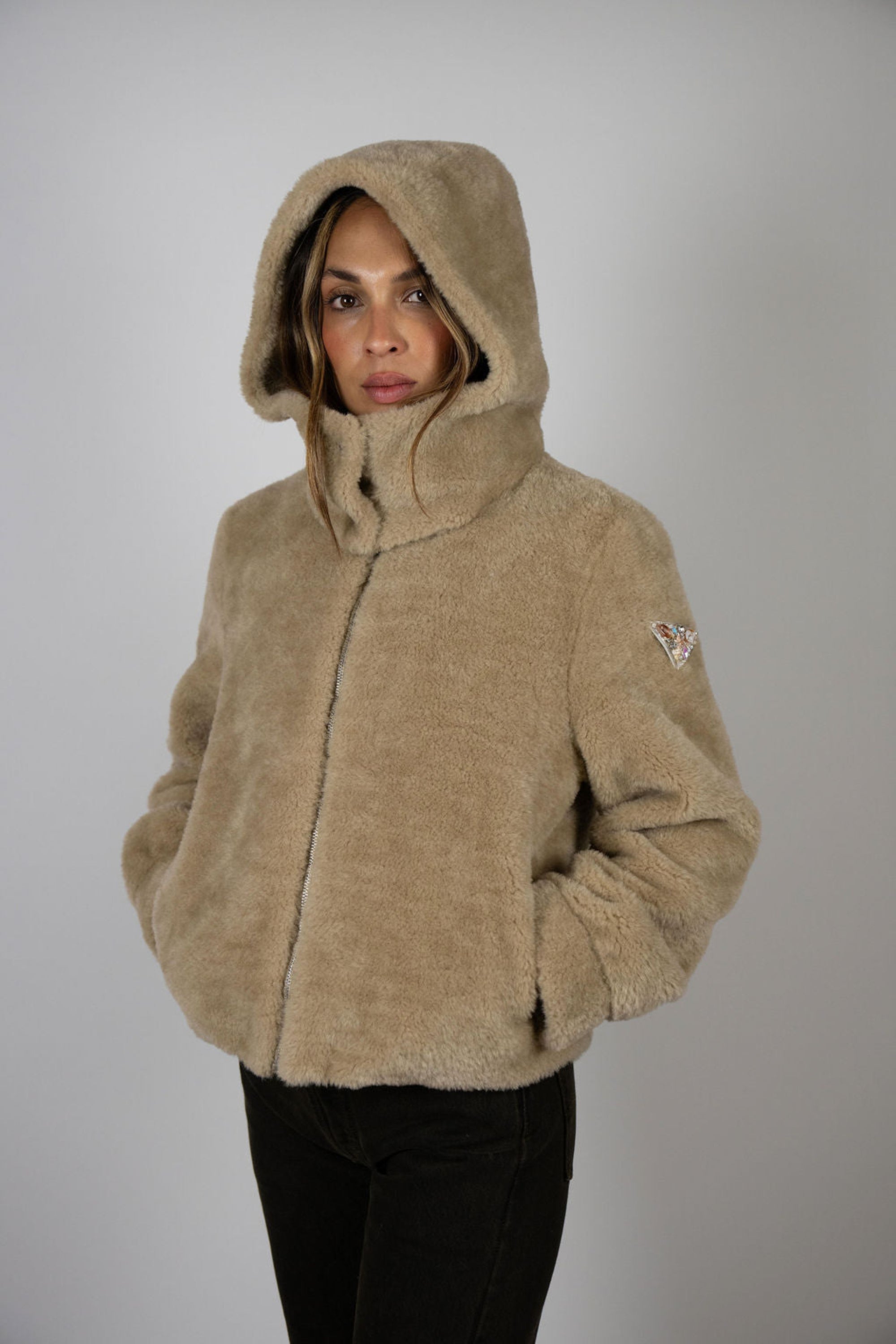 Angel Wings by Lucy Slope Room Faux Fur Bomber – women’s luxury hooded jacket with triangle logo, chic winter fashion