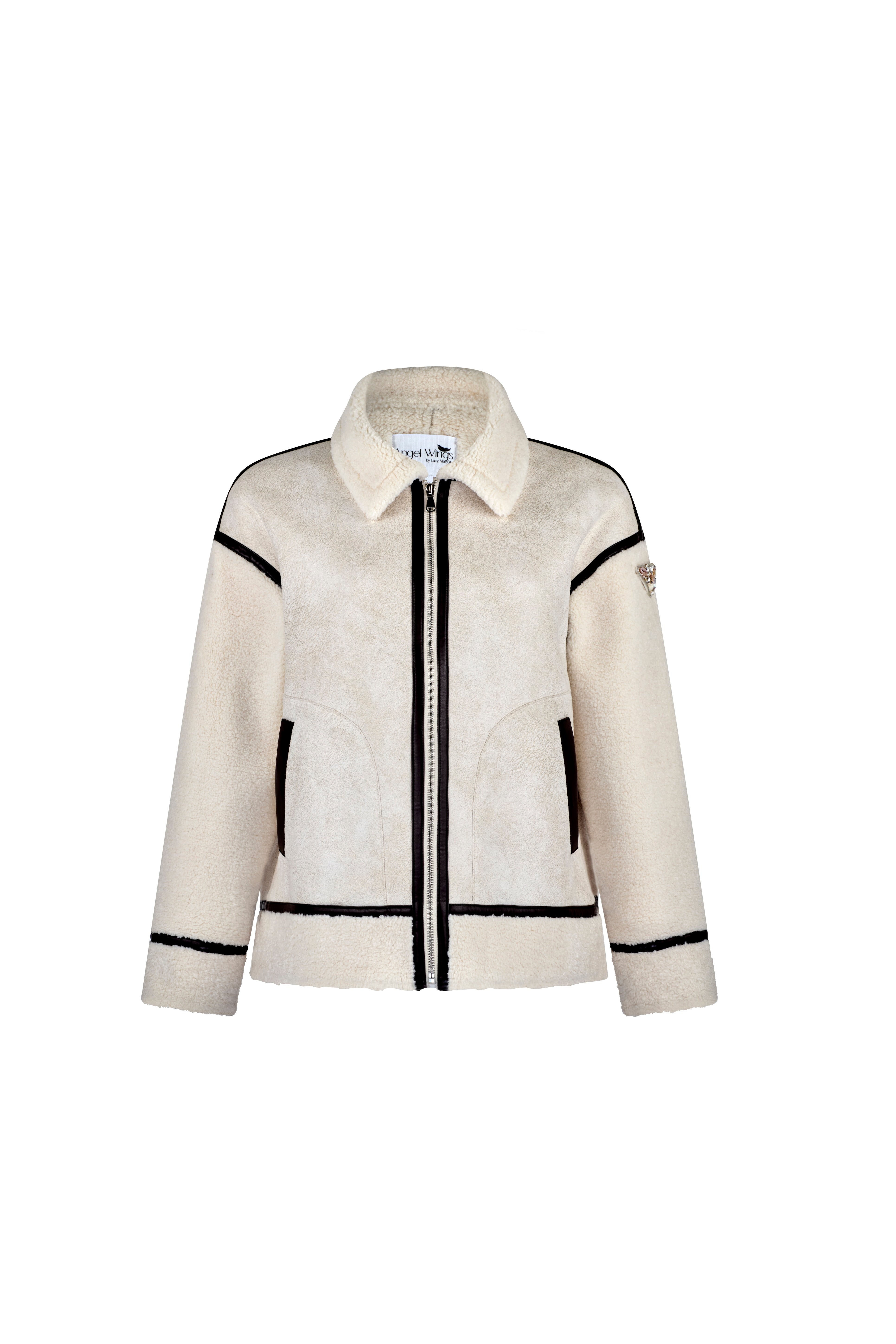 Flat lay of Angel Wings by Lucy Vandetta Jacket showing front zip, cocoa piping, and oversized collar