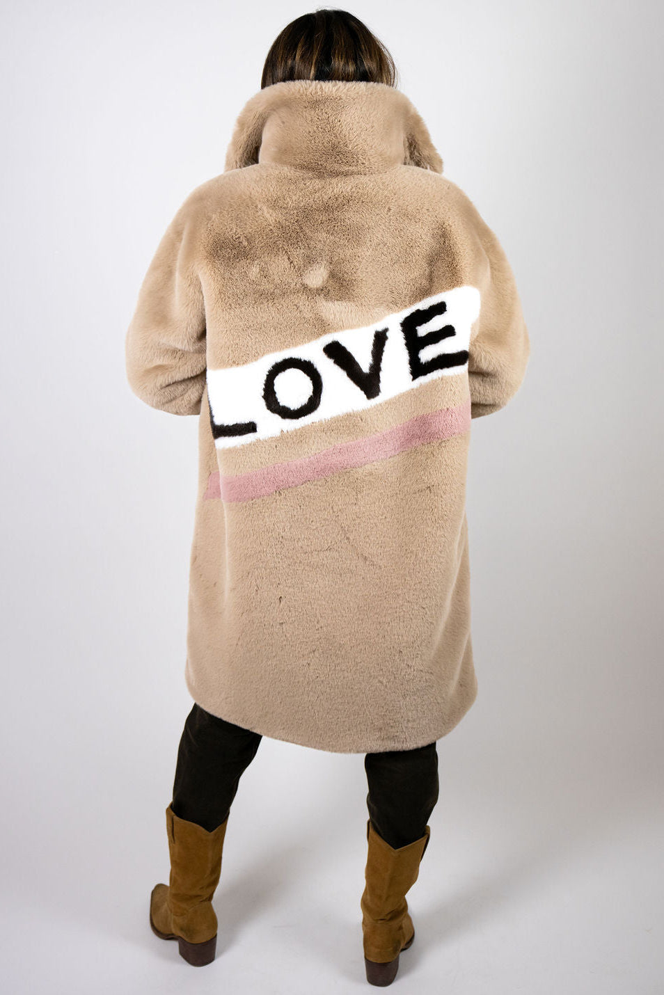 Back view of the Angel Wings Mr Grey Love Beige faux-fur coat featuring LOVE artwork and blush stripe detail.