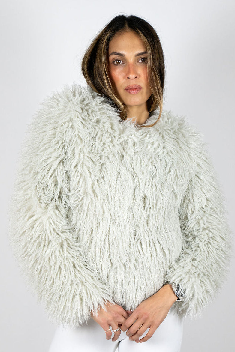 Front detail of the Angel Wings Yeti Jacket in Grey showing its shaggy faux-fur texture.