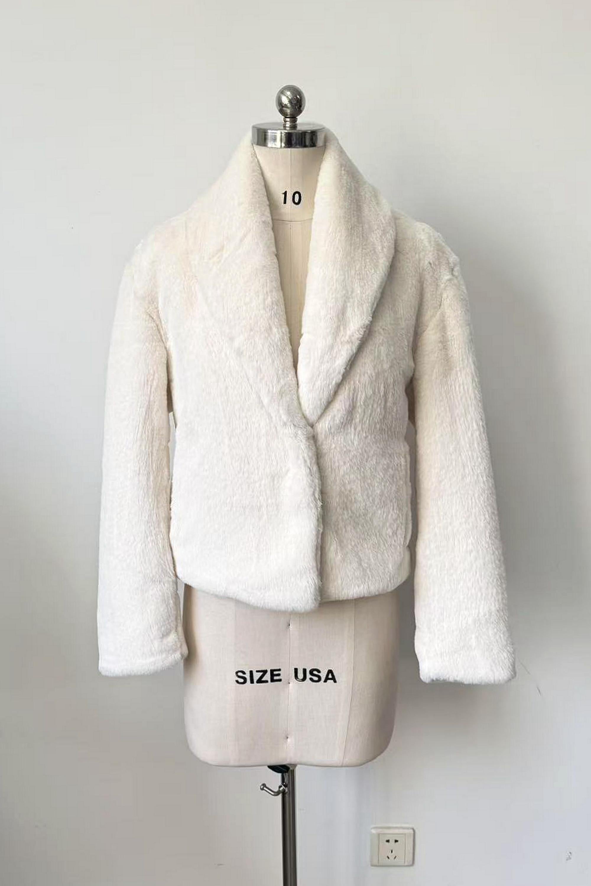 Bear Den Crop Jacket in white faux fur with high collar and two front clasp closures – Angel Wings by Lucy