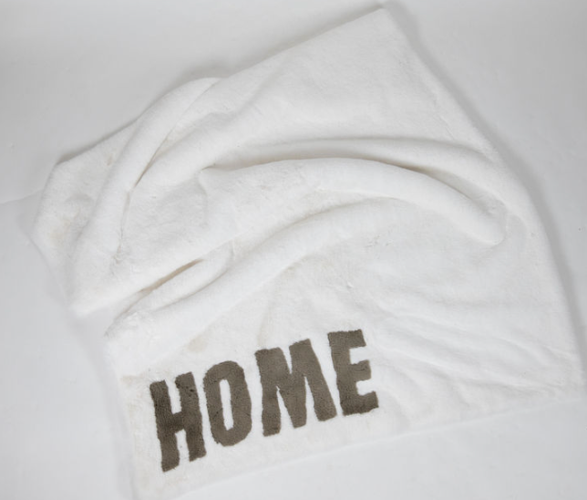 White faux fur throw blanket with bold HOME lettering in grey, size 60 x 80 inches – Angel Wings by Lucy