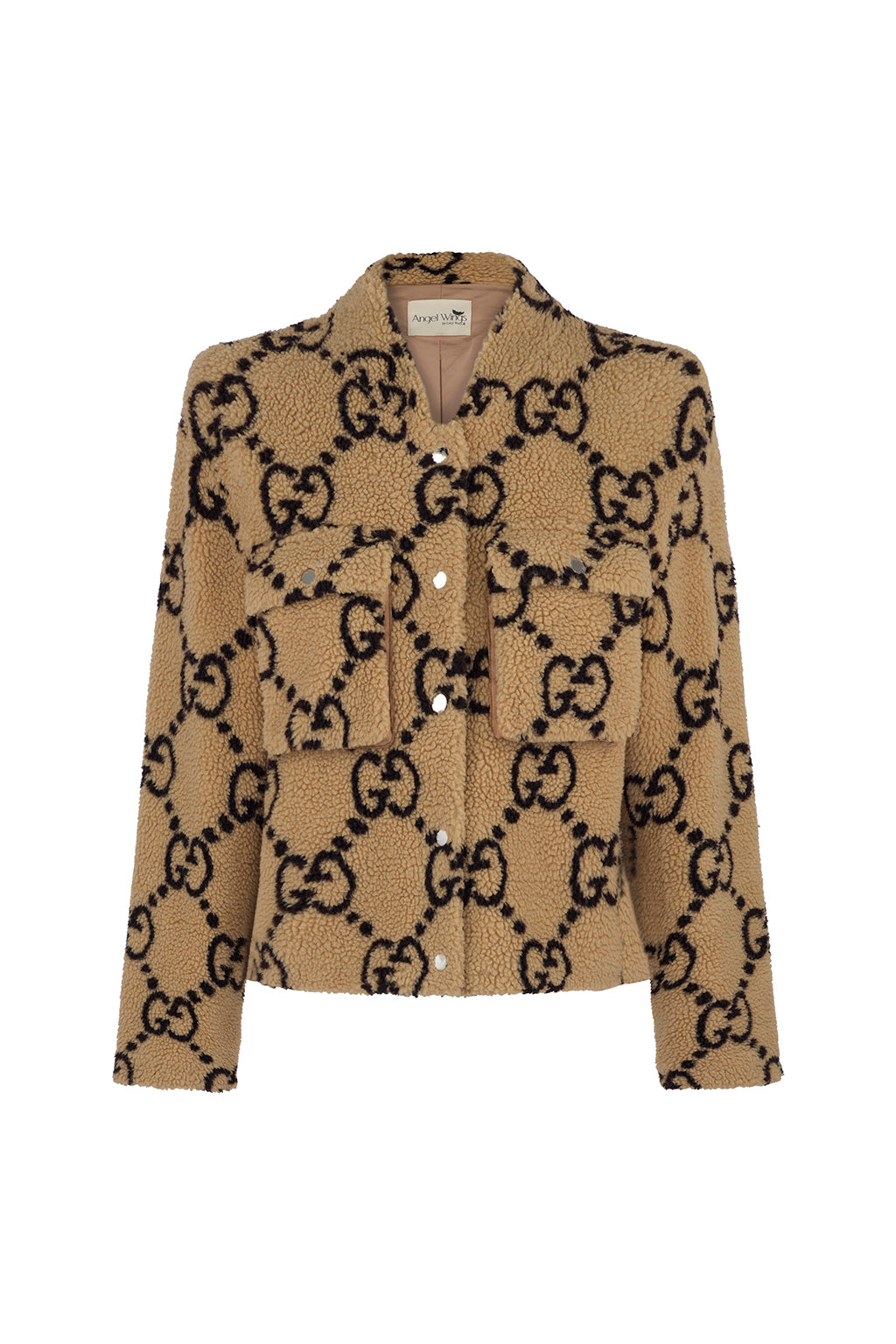 Angel Wings by Lucy Maru Bomber in Beige – front flat lay with monogram pattern