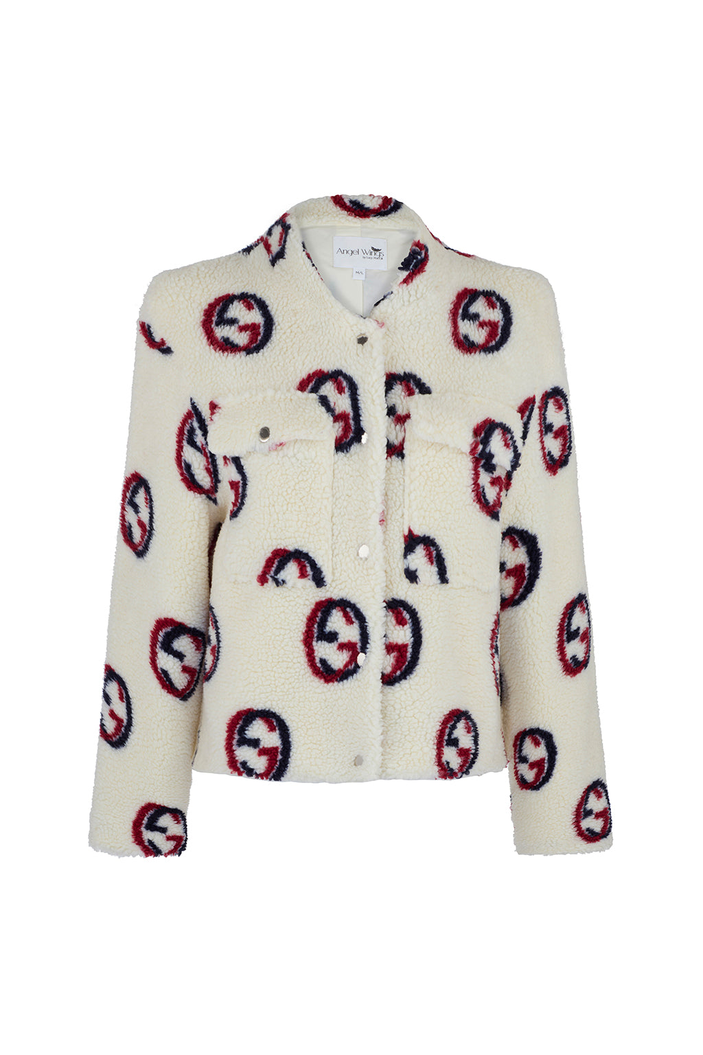Maru Bomber in Cream by Angel Wings – front view with red and navy monogram print