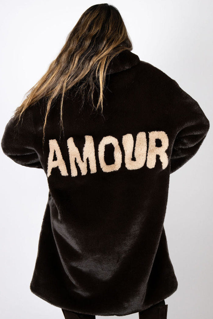 Back view of chocolate Mr Grey Amour faux fur coat by Angel Wings by Lucy