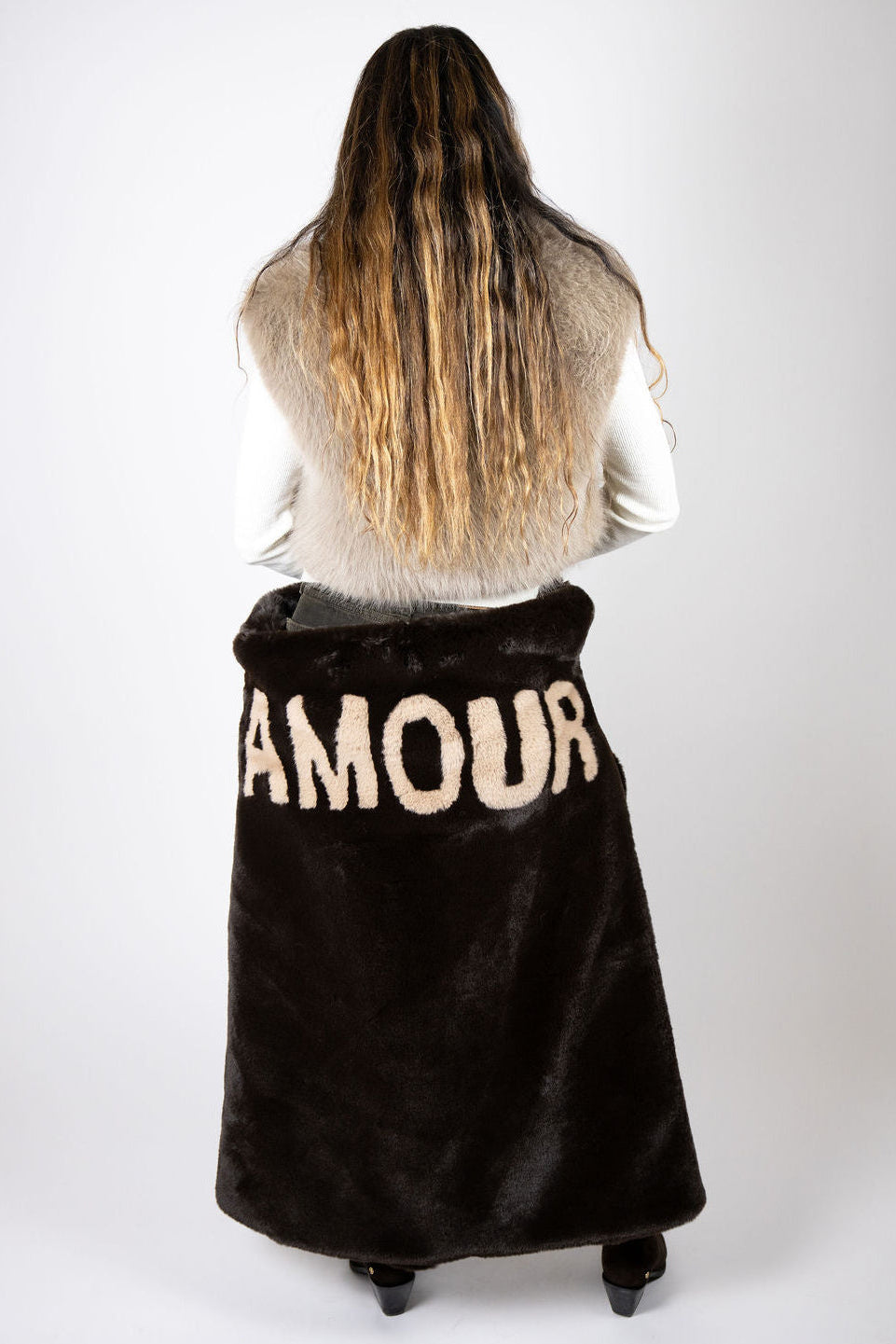 Mr Grey Amour chocolate faux fur coat styled with faux fur vest and boots