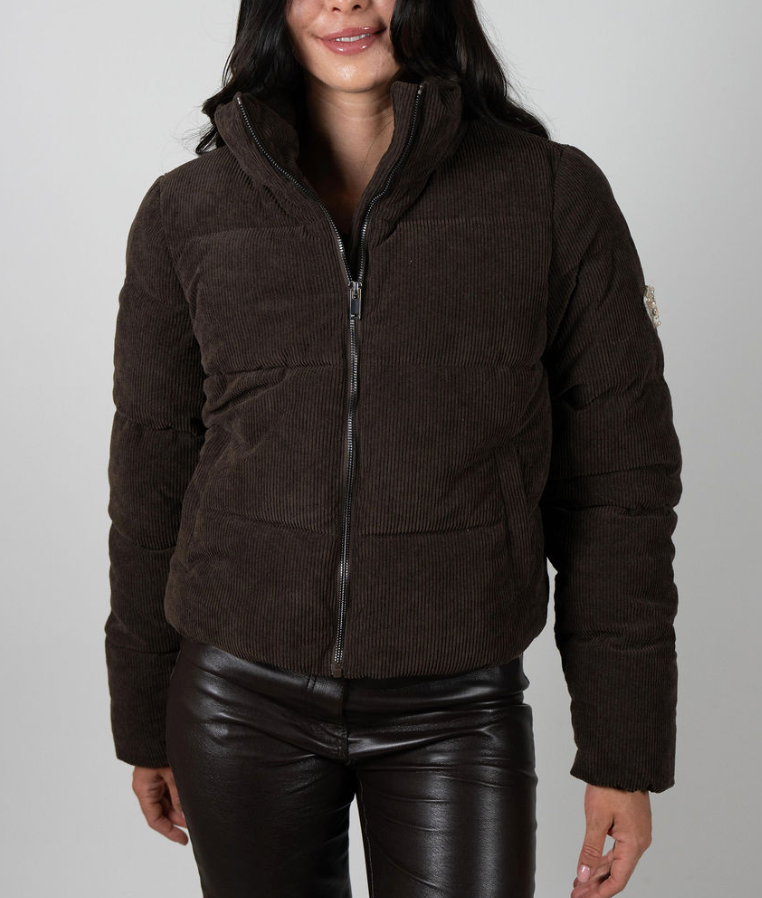 Sundeck Cord Puffer jacket in chocolate brown corduroy with high collar and triangle sleeve patch – Angel Wings by Lucy